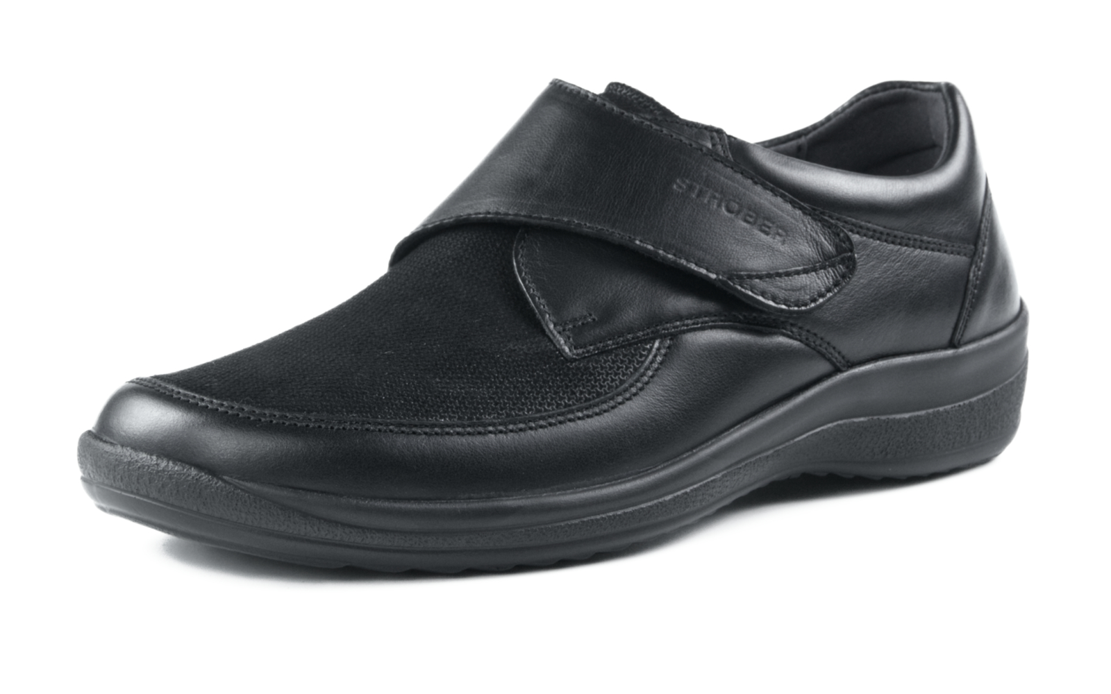 MURIEL Nappa + Stretch in schwarz, elegant und komfortabel, seitlich auf einem hellen Untergrund platziert, mit gutem Blick auf Material und Design.