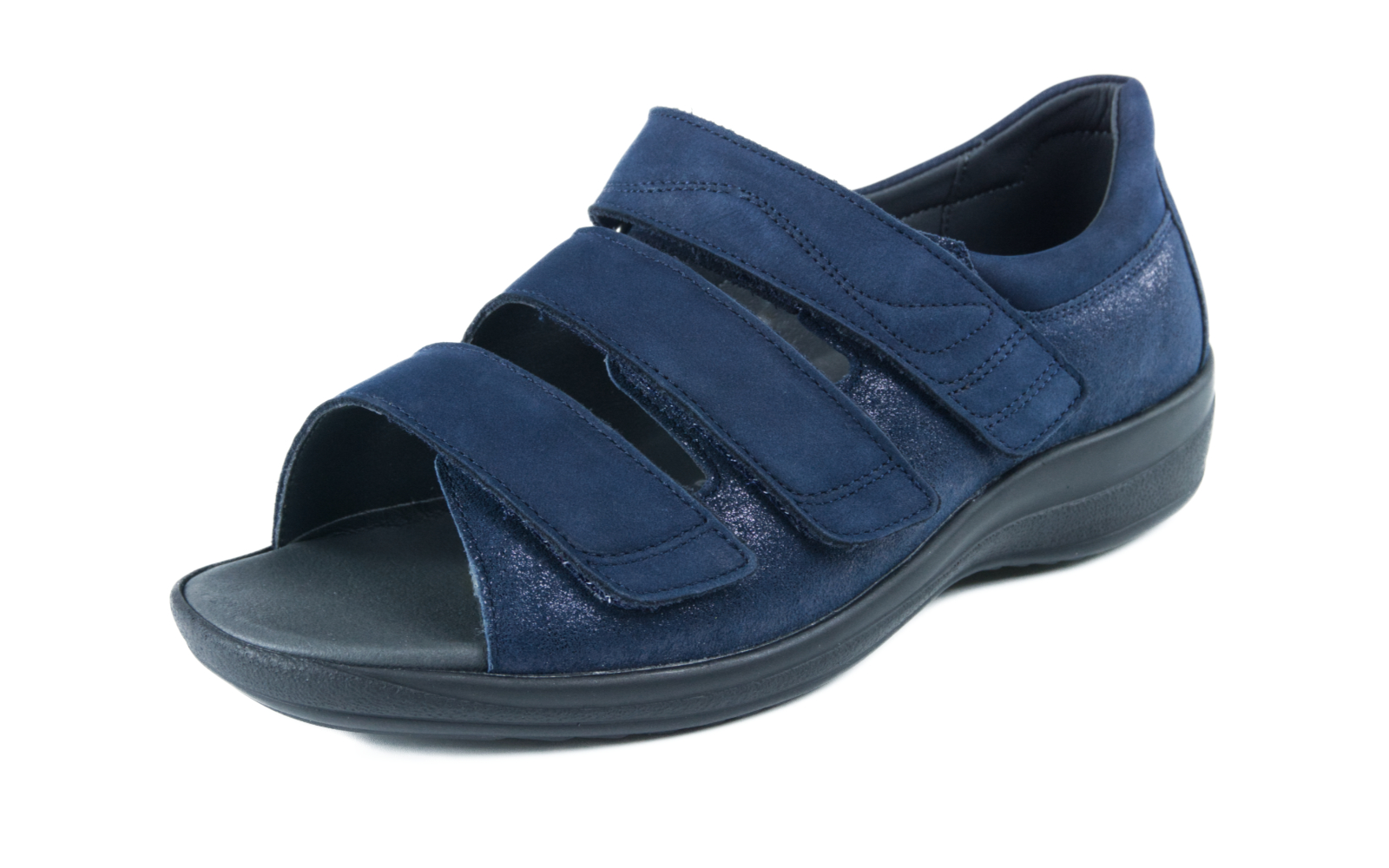 HEIKE Nubuk Schuh in marine, seitlich auf einem hellen Untergrund positioniert, mit feiner Nubuk-Oberfläche und sanften Rundungen.