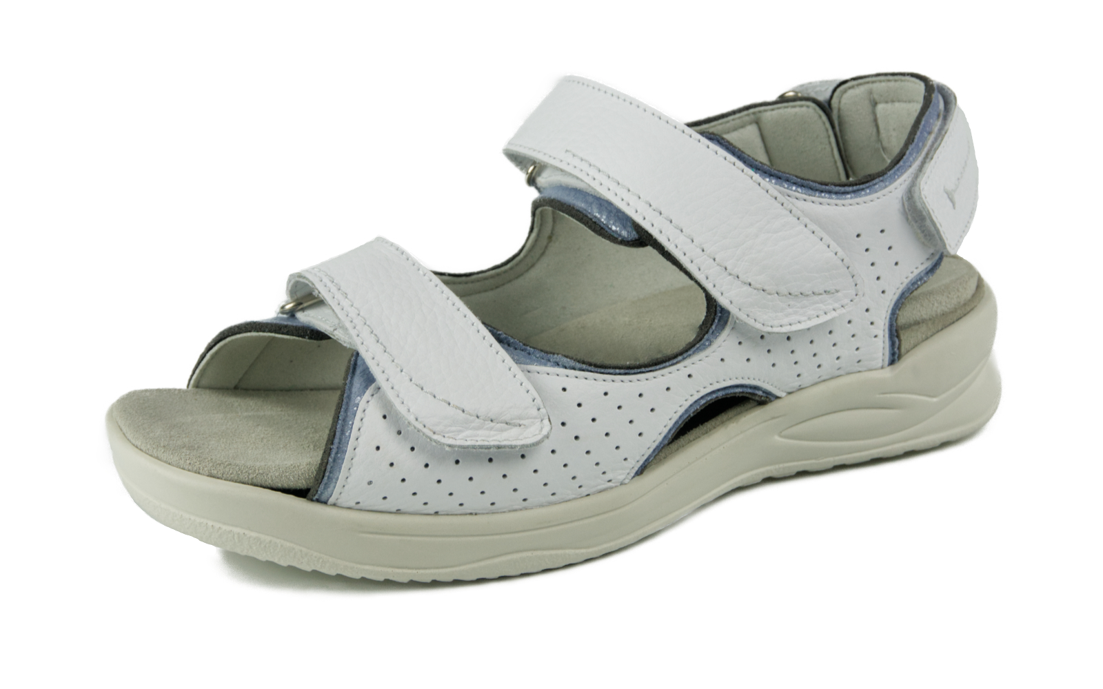 KATHARINA NappSoft+StretchAntik Schuh in Weiß mit Aqua-Elementen, von der Seite aufgenommen, präsentiert die bequeme Form und das stilvolle Design.