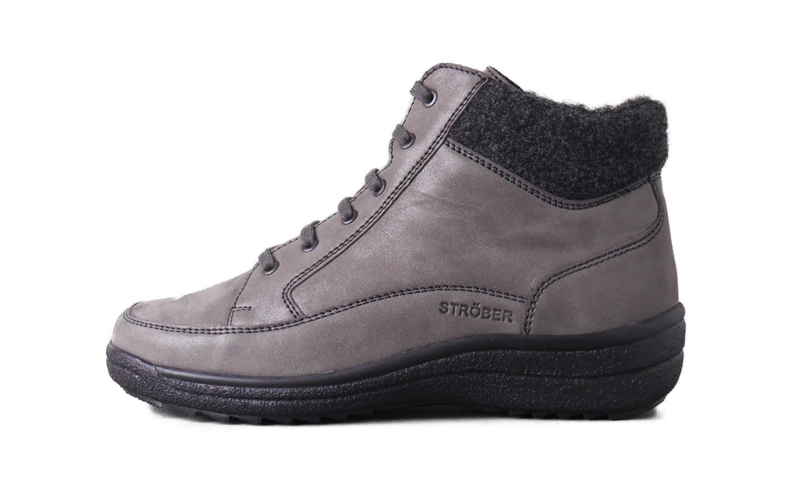 Schnürstiefelette, Graues Leder, Wollkragen, Schwarze Sohle