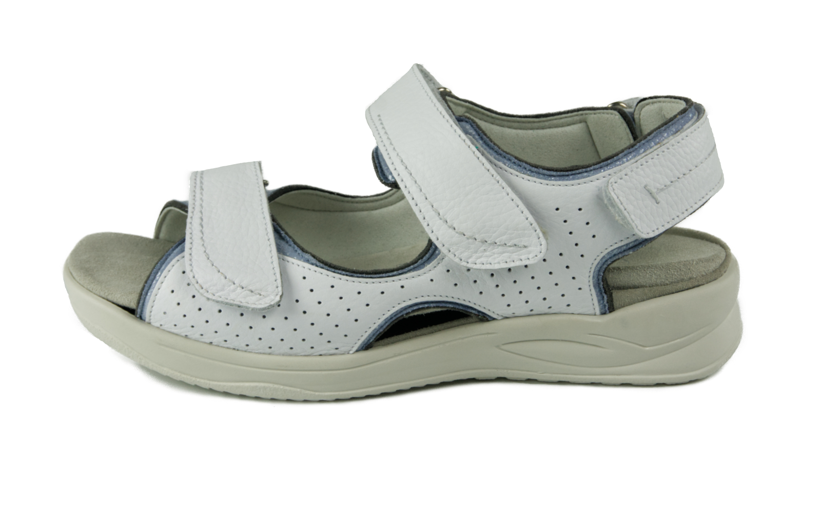 KATHARINA NappSoft+StretchAntik Schuhe in Weiß und Aqua, seitlich auf einem hellen Untergrund positioniert.